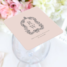 Posavasos Cuadrado De Papel Boda Vintage Monograma Cresta Nombres Rosa Rubor