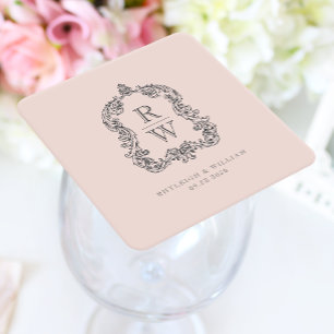 Posavasos Cuadrado De Papel Boda Vintage Monograma Cresta Nombres Rosa Rubor