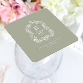Posavasos Cuadrado De Papel Boda Vintage Monograma Cresta Nombres Verde Salvia