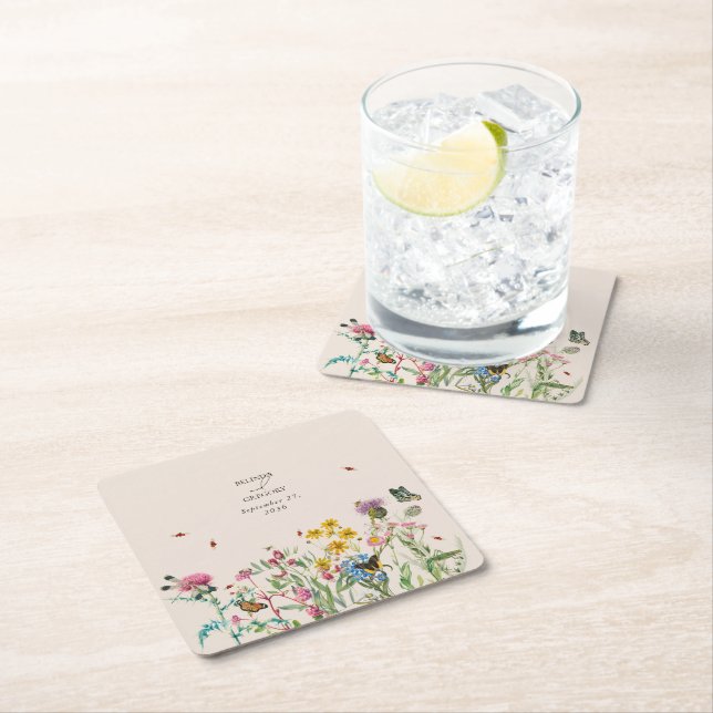 Posavasos Cuadrado De Papel Boda Watercolor Wildflower Garden & Insecs (In situ)