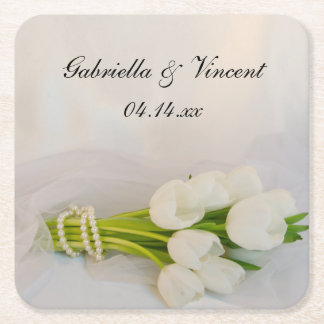 Posavasos Cuadrado De Papel Boda White Tulip Bouquet