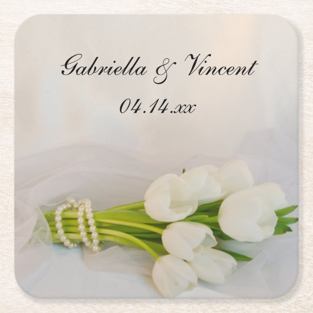 Posavasos Cuadrado De Papel Boda White Tulip Bouquet (Anverso)