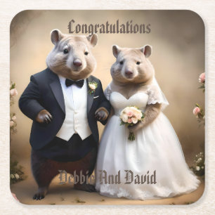 Posavasos Cuadrado De Papel Bodas australianos Wombats, Boda