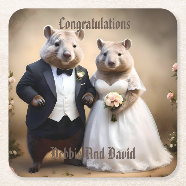 Posavasos Cuadrado De Papel Bodas australianos Wombats, Boda (Anverso)