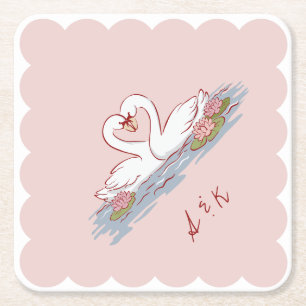 Posavasos Cuadrado De Papel Bodas de borde escalopado de cisnes de amor dibuja