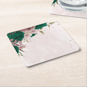 Posavasos Cuadrado De Papel bodas de flores rosadas esmeralda verde