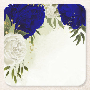 Posavasos Cuadrado De Papel bodas de flores y follaje azul real y blanco