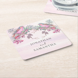 Posavasos Cuadrado De Papel Bodas de Invierno con Acuarela de Pinos, Pájaros y