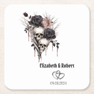 Posavasos Cuadrado De Papel Bodas de Rosas Negras Góticas con Calaveras