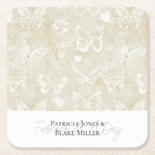 Posavasos Cuadrado De Papel Bodas Mariposas Corazones Marfil Crema Bonito