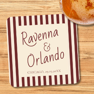 Posavasos Cuadrado De Papel Bodas minimalistas retro con rayas de burgundy int