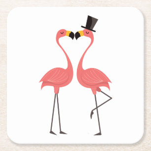 Posavasos Cuadrado De Papel Bodas Tropicales de Flamencos Rosados, Fiesta, Lua
