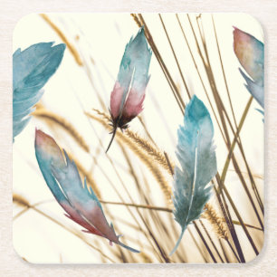 Posavasos Cuadrado De Papel Boho Acuarela Verde Azul y Rosas Plumas y Hierba