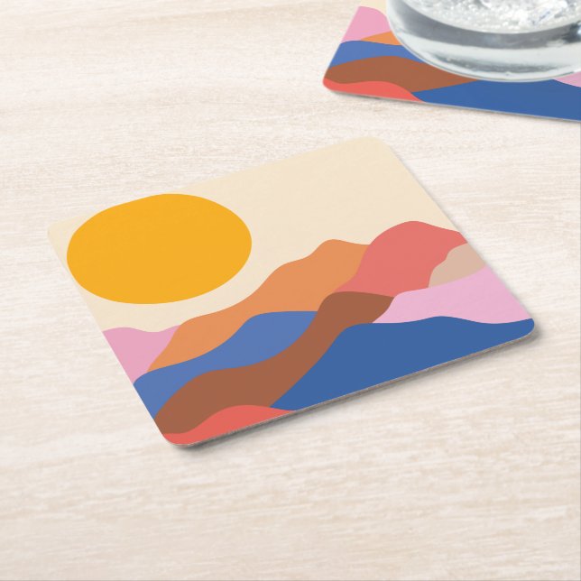Posavasos Cuadrado De Papel Boho Aesthetic Abstract Landscape Mountains Blue (En perspectiva)