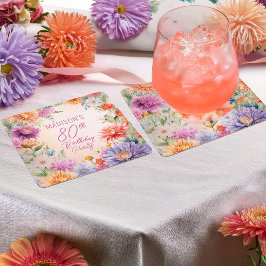 Posavasos Cuadrado De Papel Boho Aster Flowers Floral 80th Birthday Party