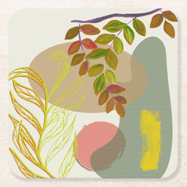 Posavasos Cuadrado De Papel Boho Botánico Amarillo Verde (Anverso)