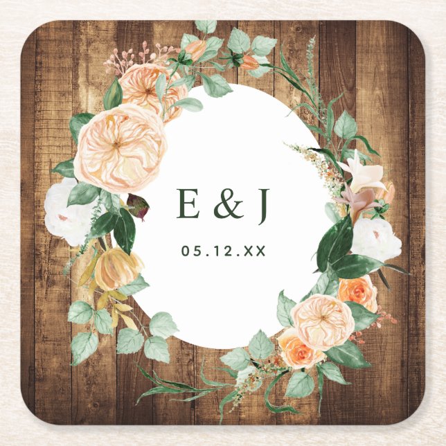 Posavasos Cuadrado De Papel Boho Botánico Rústico Wood Monograma Barn Boda (Anverso)