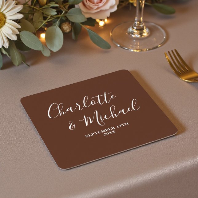 Posavasos Cuadrado De Papel Boho Brown Script Minimalist Wedding (Subido por el creador)