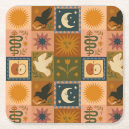 Posavasos Cuadrado De Papel Boho Celestial | Sol y luna retro