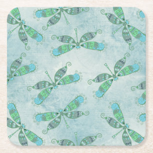Posavasos Cuadrado De Papel Boho Dragonflies en azul