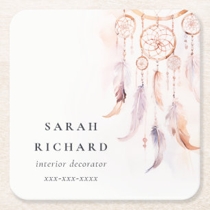 Posavasos Cuadrado De Papel Boho Dreamcatcher Watercolor Lilac Rubor Peach