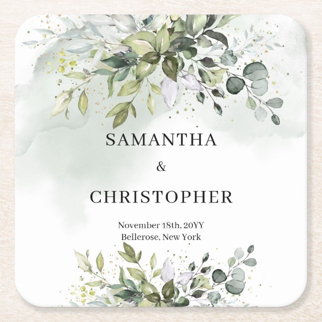 Posavasos Cuadrado De Papel Boho eucalyptus vegetación follaje ordeño (Anverso)