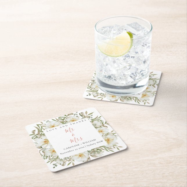 Posavasos Cuadrado De Papel Boho Floral Boda (In situ)