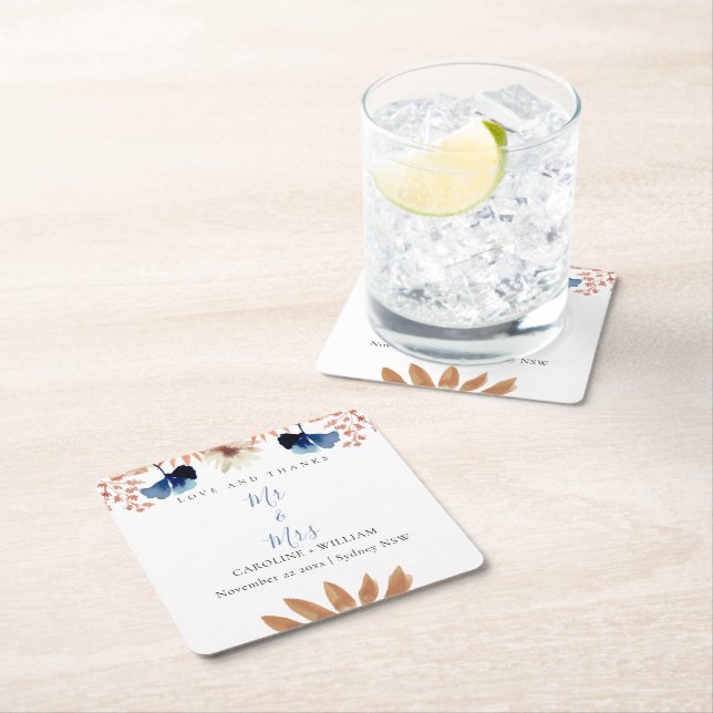 Posavasos Cuadrado De Papel Boho Floral Boda (In situ)