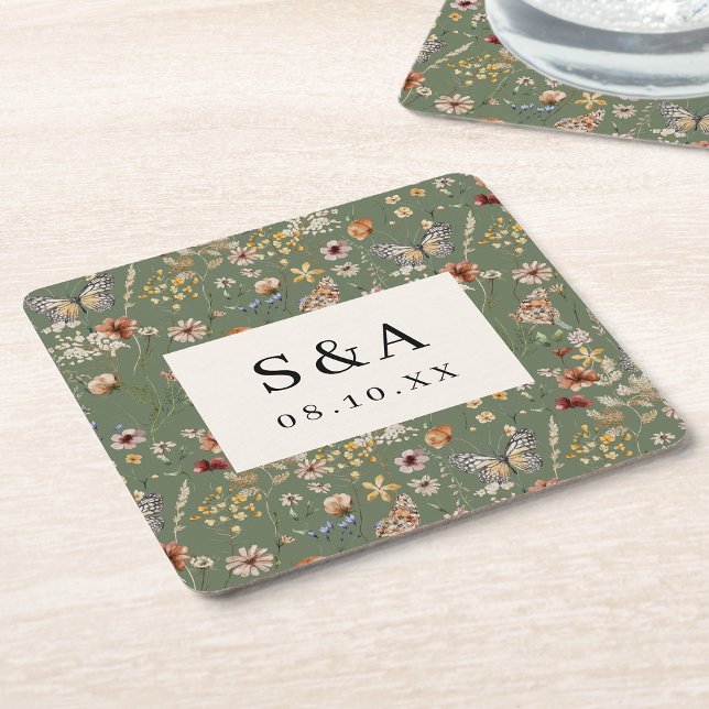Posavasos Cuadrado De Papel Boho Floral Boda (Boho Sage Green Watercolor Floral Wedding Square Paper Coaster by Painted Paperie
)