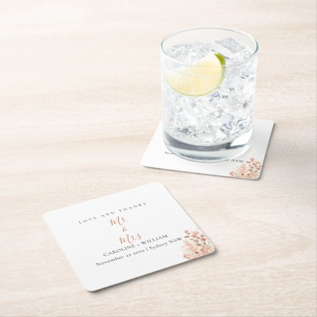 Posavasos Cuadrado De Papel Boho Floral Boda (In situ)