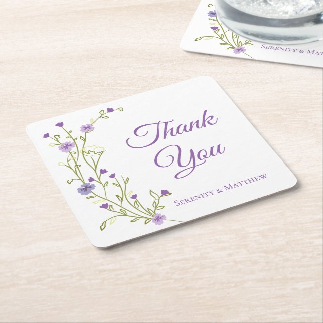 Posavasos Cuadrado De Papel Boho Floral Gracias Boda Purple Wildflower (En perspectiva)