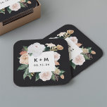 Posavasos Cuadrado De Papel Boho florece Boda floral moderno Monograma<br><div class="desc">Las galletitas bodas de moda Boho presentan un borde cuadrado de acuarela de foliaje botánico verde sabio y flores de tono tierra pastel en tonos melocotón, marfil y blanco, enmarcando sus iniciales o fecha de monograma y evento con letras modernas. Diseñado para coordinar con nuestro boda Boho Blooms y la...</div>
