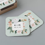 Posavasos Cuadrado De Papel Boho florece Boda floral moderno Monograma<br><div class="desc">Las galletitas bodas de moda Boho presentan un borde cuadrado de acuarela de foliaje botánico verde sabio y flores de tono tierra pastel en tonos melocotón, marfil y blanco, enmarcando sus iniciales o fecha de monograma y evento con letras modernas. Diseñado para coordinar con nuestro boda Boho Blooms y la...</div>