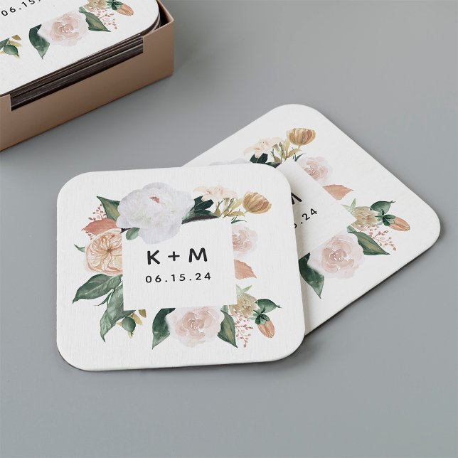 Posavasos Cuadrado De Papel Boho florece Boda floral moderno Monograma (Subido por el creador)