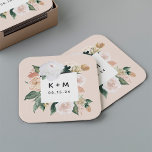 Posavasos Cuadrado De Papel Boho florece Boda floral moderno Monograma<br><div class="desc">Las galletitas bodas de moda Boho presentan un borde cuadrado de acuarela de foliaje botánico verde sabio y flores de tono tierra pastel en tonos melocotón, marfil y blanco, enmarcando sus iniciales o fecha de monograma y evento con letras modernas. Diseñado para coordinar con nuestro boda Boho Blooms y la...</div>