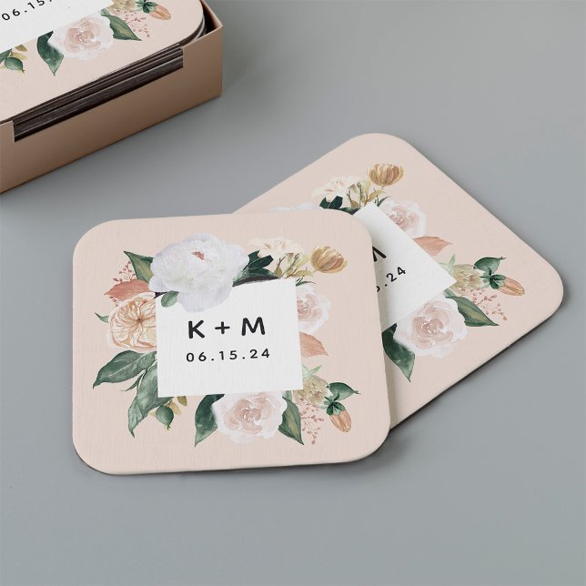 Posavasos Cuadrado De Papel Boho florece Boda floral moderno Monograma (Subido por el creador)