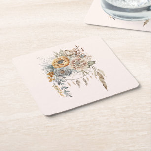 Posavasos Cuadrado De Papel Boho Flower Bouquet y Dreamcatcher