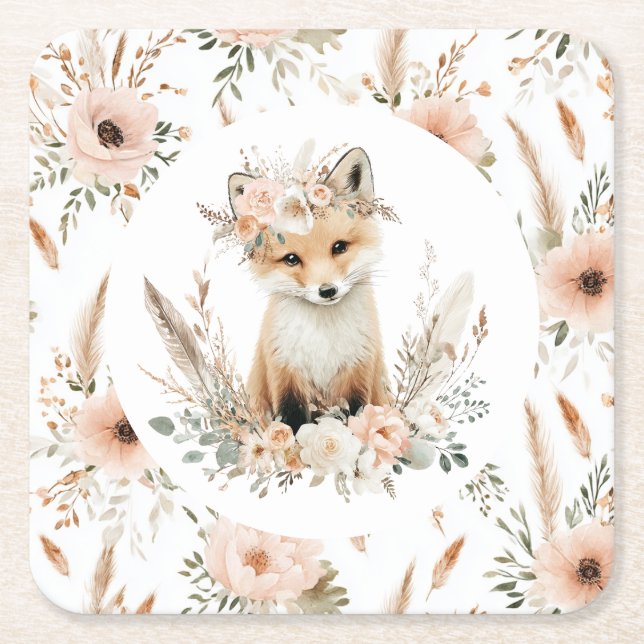 Posavasos Cuadrado De Papel Boho Fox Chica Woodland Fiesta (Anverso)
