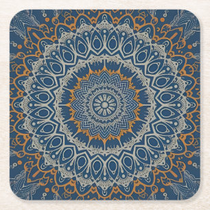 Posavasos Cuadrado De Papel Boho Hippie estilo tibetano amargo Mandala azul