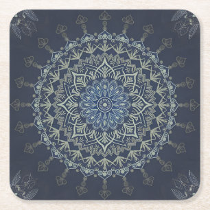 Posavasos Cuadrado De Papel Boho Hippie Estilo Tibetano Azul Intrincado Mandal