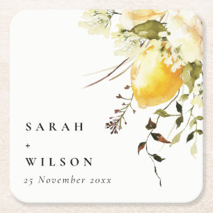 Posavasos Cuadrado De Papel Boho Lemon Yellow Watercolor Floral Boda