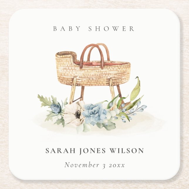Posavasos Cuadrado De Papel Boho Nursery Blue Floral Bassinet Baby Shower (Anverso)