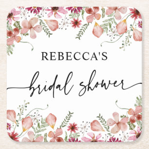 Posavasos Cuadrado De Papel Boho Peach Peach Pink Wildflowers Ducha de novias