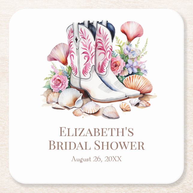 Posavasos Cuadrado De Papel Boho Pink Coastre Cowgirl Boots Bridal Shower (Anverso)