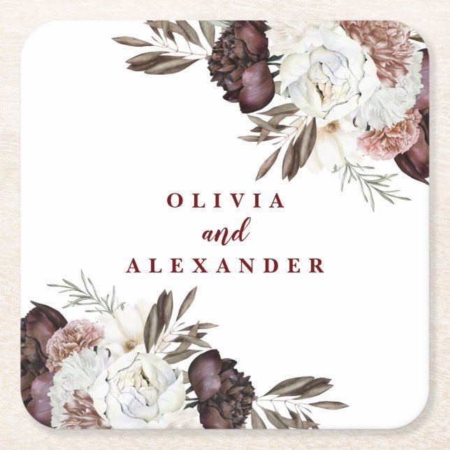 Posavasos Cuadrado De Papel Boho Rosas de Borgoña caen bodas florales Napkins (Anverso)