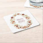 Posavasos Cuadrado De Papel Boho Rústico Floral Borgoña Bridal Shower Personal<br><div class="desc">Boho Rústico Floral Wreath Borgoña Bridal Ducha Personalizado Papel Cuadrado</div>