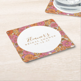 Posavasos Cuadrado De Papel Boho Script Ocra Rosa Floral Festejo Nupcial Perso