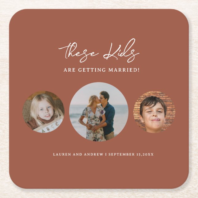 Posavasos Cuadrado De Papel Boho Terracotta Niños Fotos Boda Salven La Fecha (Anverso)