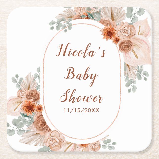 Posavasos Cuadrado De Papel Boho Terracotta Pampas Grass Baby Shower (Anverso)