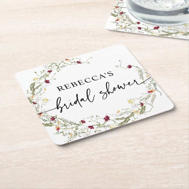 Posavasos Cuadrado De Papel Boho Wildflowers Greenery Bridal Shower (En perspectiva)